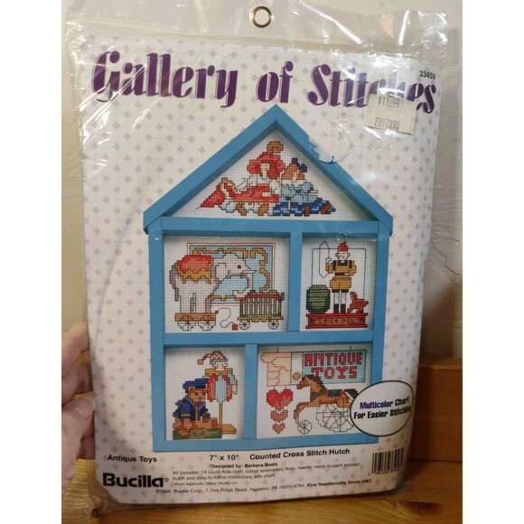 VTG Bucilla Counted Cross Stitch Hutch Antique Toy Gallery of Stitches Kit 33458 - Picture 1 of 4